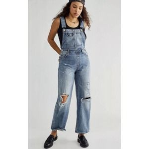 Free People CRVY Destroyed Overalls Size 10 Denim Jeans Distressed New
